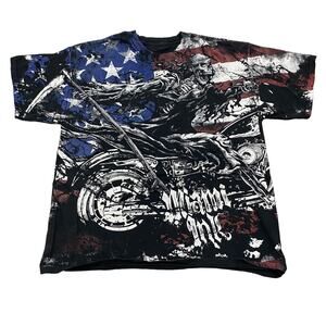 VTG Y2K Miami Ink Skeleton Biker American Flag AOP Shirt Men's XL Biker Punk